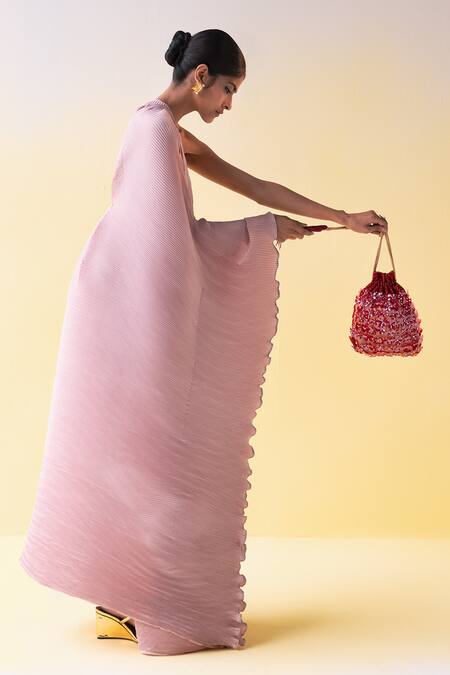 Aamli_Red Embroidery Soorkh Silk Satin Potli Bag _Online_at_Aza_Fashions