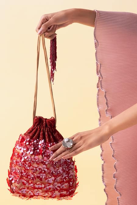 Shop_Aamli_Red Embroidery Soorkh Silk Satin Potli Bag _Online_at_Aza_Fashions