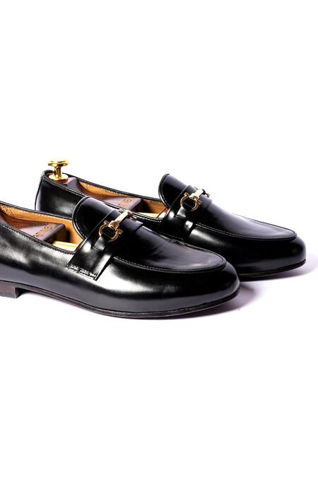 Artimen_Black Buckles Leather Horse-bit Loafers _Online_at_Aza_Fashions