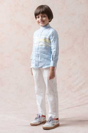 Thetaa_Sky Blue Linen, Silk Embroidery Stripe Panel Shirt _Online_at_Aza_Fashions
