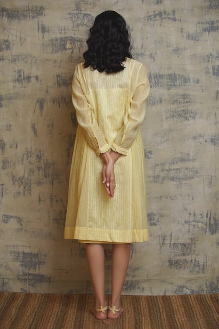 Shop Dhaari Yellow Cotton Silk Round Embroidered Dress at Aza Fashions Shop_Dhaari_Yellow Cotton Silk Round Embroidered Dress _at_Aza_Fashions