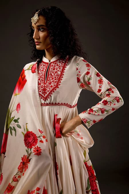 Buy_Rohit Bal_Ivory Cotton, Chanderi Silk Dori Mandarin Collar Printed Anarkali Set _Online_at_Aza_Fashions