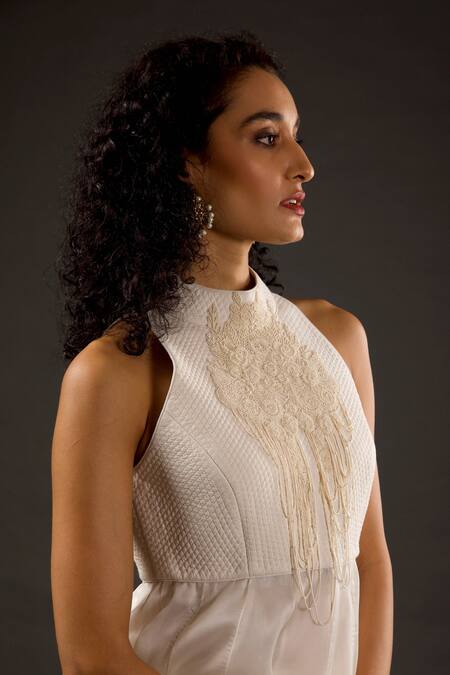 Rohit Bal_Ivory Cotton, Chanderi Silk Floral High Neck Embroidered Anarkali Set _Online_at_Aza_Fashions