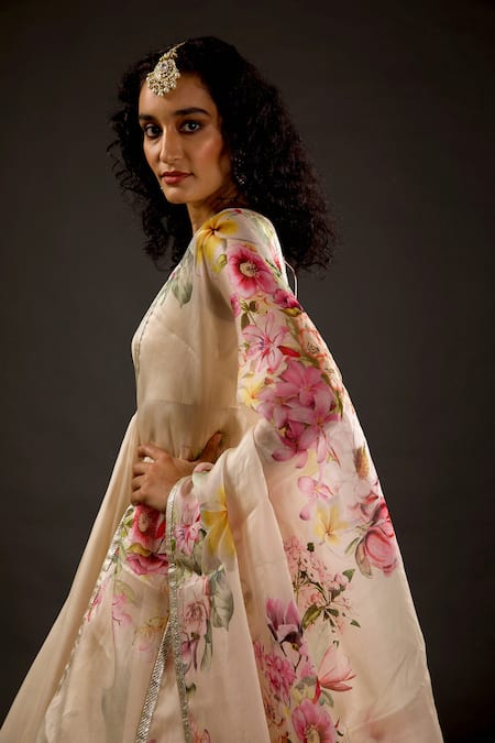 Rohit Bal_Ivory Cotton, , Silk Floral Scoop Neck Print Anarkali Set _Online_at_Aza_Fashions