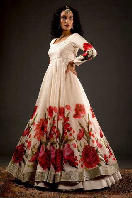 Rohit Bal Ivory Cotton, Chanderi Silk Floral Scoop Neck Print Anarkali Set Online at Aza Fashions Rohit Bal_Ivory Cotton, Chanderi Silk Floral Scoop Neck Print Anarkali Set _Online_at_Aza_Fashions