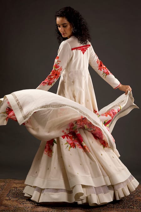 Shop Rohit Bal Ivory Cotton, Chanderi Silk Resham And Thread Work Keyhole Printed Anarkali Set at Aza Fashions Shop_Rohit Bal_Ivory Cotton, Chanderi Silk Resham And Thread Work Keyhole Printed Anarkali Set _at_Aza_Fashions