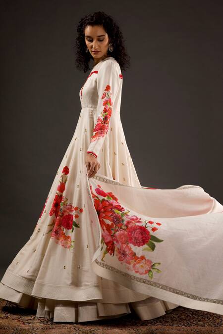 Rohit Bal Ivory Cotton, Chanderi Silk Resham And Thread Work Keyhole Printed Anarkali Set Online at Aza Fashions Rohit Bal_Ivory Cotton, Chanderi Silk Resham And Thread Work Keyhole Printed Anarkali Set _Online_at_Aza_Fashions