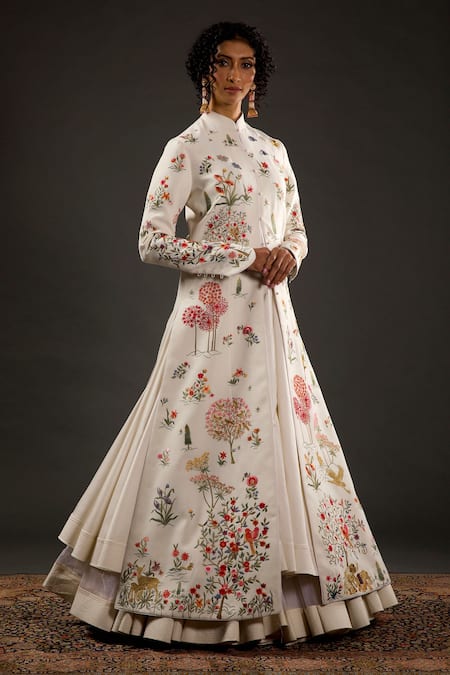 Buy Ivory Chanderi Silk Embroidered Animal Mandarin Collar Jacket For Women  by Rohit Bal Online at Aza Fashions.