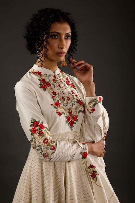 Rohit Bal_Ivory Cotton, Chanderi Silk Resham And Thread Work Embroidered Anarkali Set _Online_at_Aza_Fashions