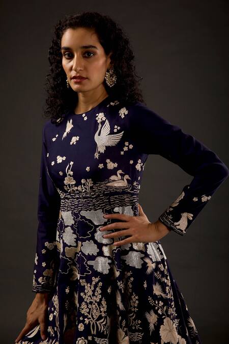 Rohit Bal Blue Cotton, Chanderi Silk Bird, Floral Frill Embroidered Anarkali Set Online at Aza Fashions Rohit Bal_Blue Cotton, Chanderi Silk Bird, Floral Frill Embroidered Anarkali Set _Online_at_Aza_Fashions