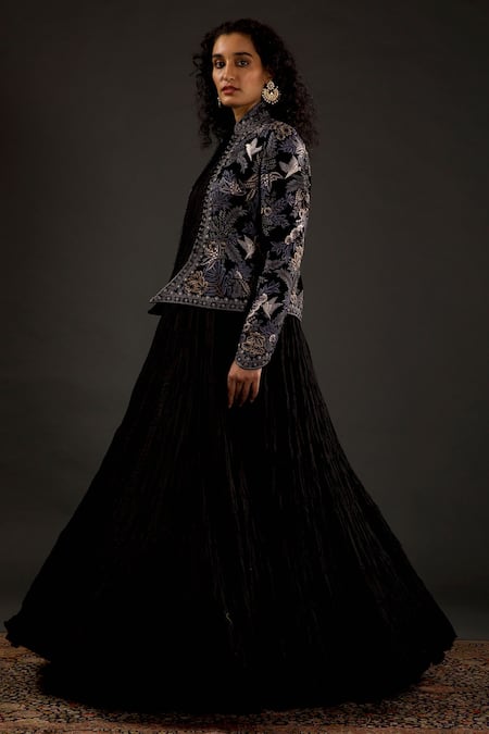 Rohit Bal_Blue Cotton, Silk Velvet Bird, Floral Open Embroidered Short Jacket _Online_at_Aza_Fashions