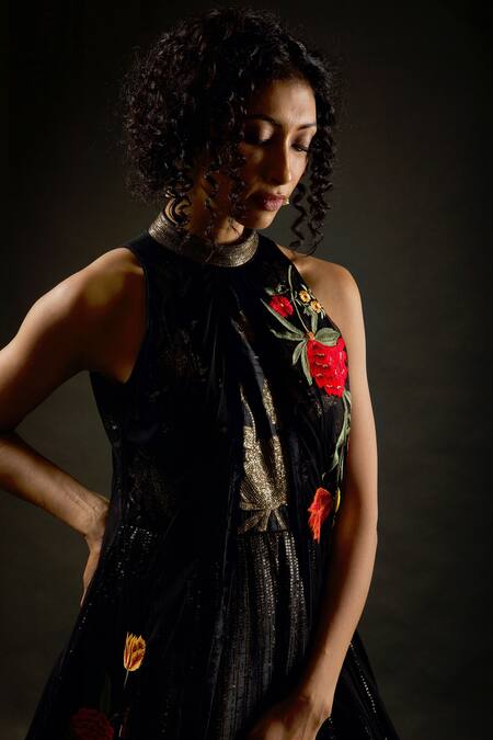 Rohit Bal_Black Dupion Silk, Net And Cotton Chevron, Floral Embroidered Anarkali With Jacket _Online_at_Aza_Fashions