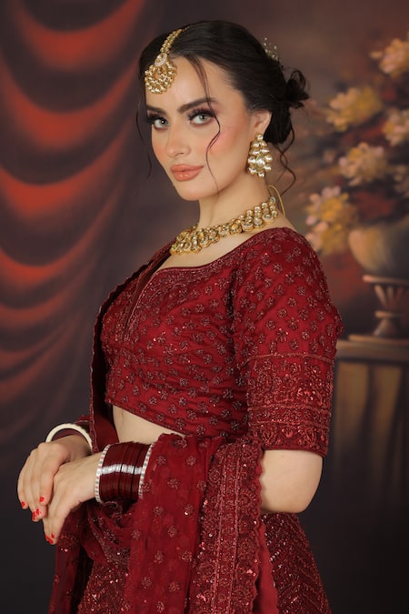 Mehar_Maroon Net Sequins, Embroidery Split V-neck Floral Paisley Bridal Lehenga Set _Online_at_Aza_Fashions