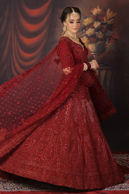 Buy_Mehar_Maroon Net Sequins, Embroidery Split V-neck Floral Paisley Bridal Lehenga Set _Online_at_Aza_Fashions