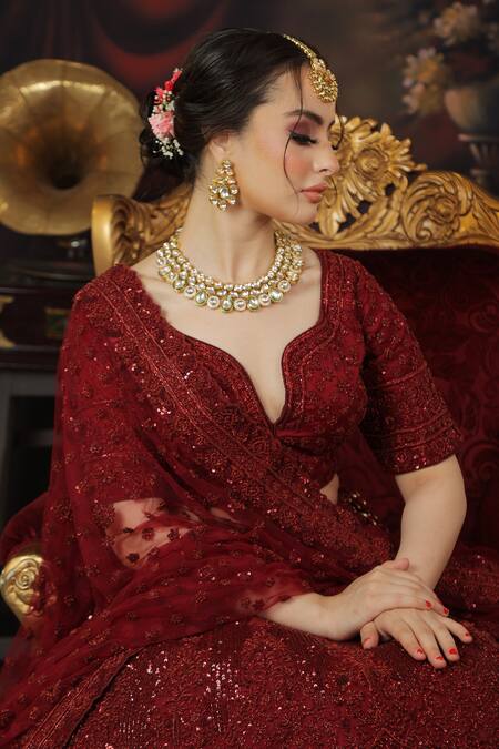 Shop_Mehar_Maroon Net Sequins, Embroidery Split V-neck Floral Paisley Bridal Lehenga Set _Online_at_Aza_Fashions