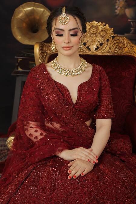 Mehar_Maroon Net Sequins, Embroidery Split V-neck Floral Paisley Bridal Lehenga Set _at_Aza_Fashions