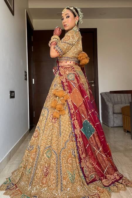 Shop Mehar Brown Net Sequins, Tassels, Embroidery V-neck Dome Floral Bridal Lehenga Set Online at Aza Fashions Shop_Mehar_Brown Net Sequins, Tassels, Embroidery V-neck Dome Floral Bridal Lehenga Set _Online_at_Aza_Fashions