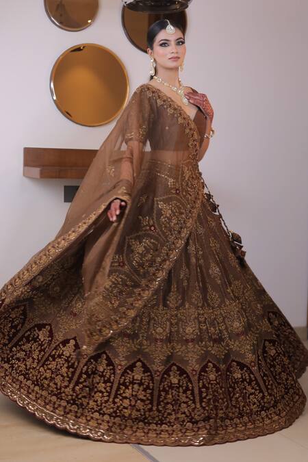 Mehar_Brown Silk, Organza Embroidery Sweetheart Neck Floral Dome Lehenga Set _Online_at_Aza_Fashions