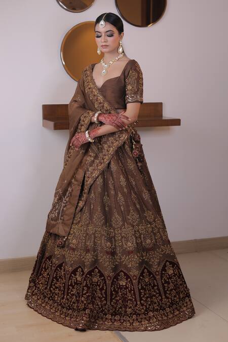 Mehar_Brown Silk, Organza Embroidery Sweetheart Neck Floral Dome Lehenga Set _at_Aza_Fashions