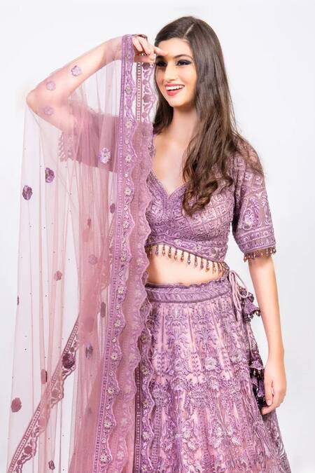 Buy Mehar Pink Net Embroidery, Tassels V-neck Floral Bridal Lehenga Set Online at Aza Fashions Buy_Mehar_Pink Net Embroidery, Tassels V-neck Floral Bridal Lehenga Set _Online_at_Aza_Fashions
