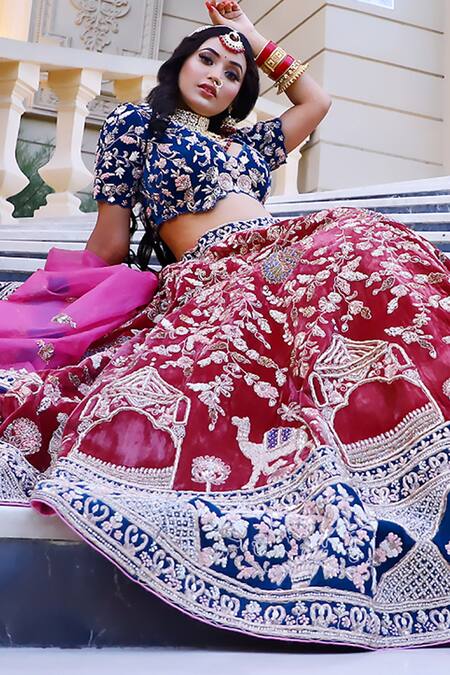 Mehar_Pink Velvet, Organza Embroidery Contrast Border Floral Bridal Lehenga Set _at_Aza_Fashions