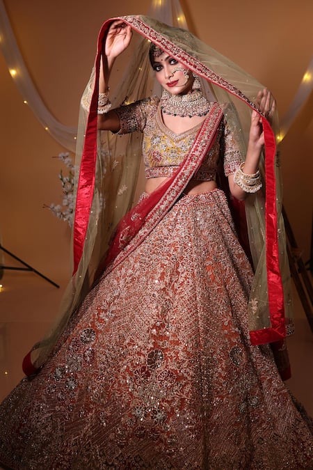 Mehar_Orange Net Embroidery Floral Wide V Dome Bridal Lehenga Set  _Online_at_Aza_Fashions