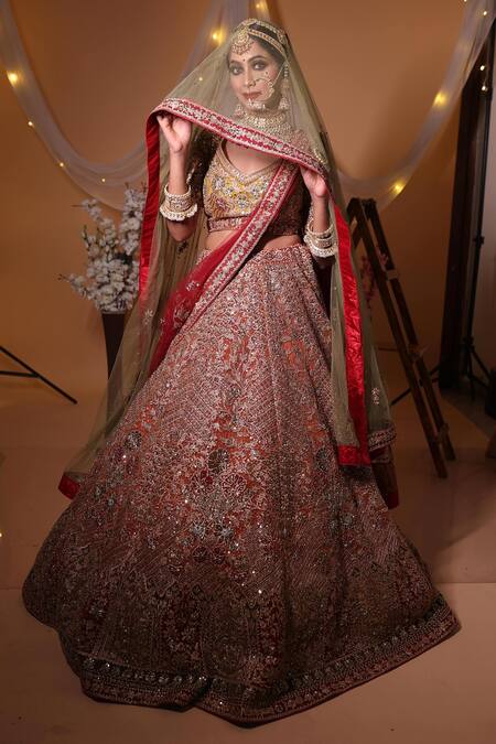 Buy_Mehar_Orange Net Embroidery Floral Wide V Dome Bridal Lehenga Set  _Online_at_Aza_Fashions