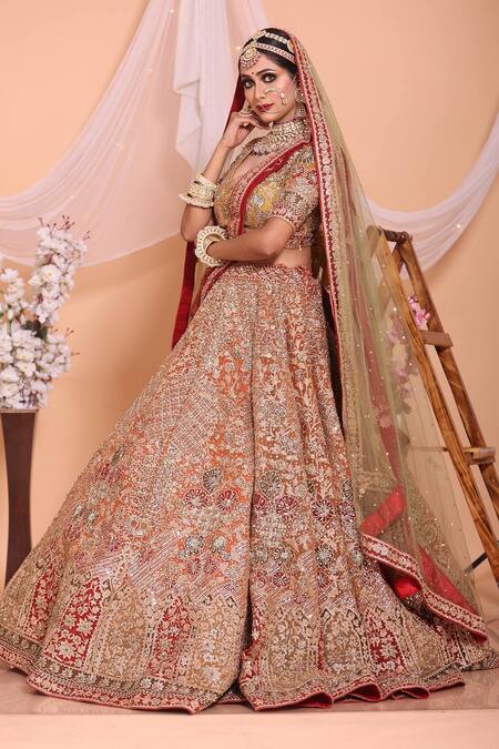 Shop_Mehar_Orange Net Embroidery Floral Wide V Dome Bridal Lehenga Set  _Online_at_Aza_Fashions