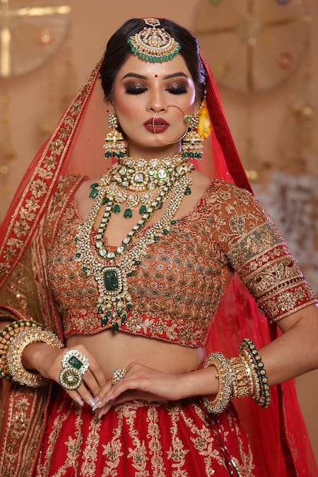 Shop_Mehar_Red Net Embroidery, Sequins Split V-neck Floral Bridal Lehenga Set _Online_at_Aza_Fashions