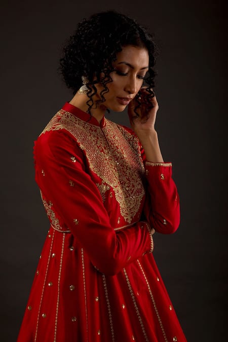 Rohit Bal_Red Cotton, Chanderi Silk Zari Mandarin Collar Embroidered Anarkali Set _Online_at_Aza_Fashions