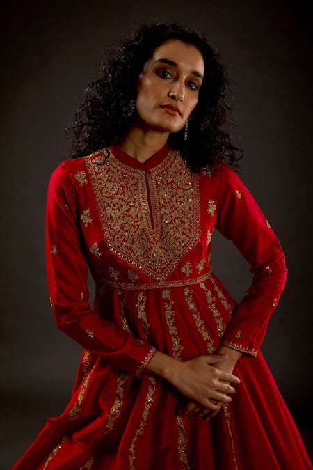 Buy_Rohit Bal_Red Cotton, Chanderi Silk Zari Mandarin Collar Embroidered Anarkali Set _Online_at_Aza_Fashions