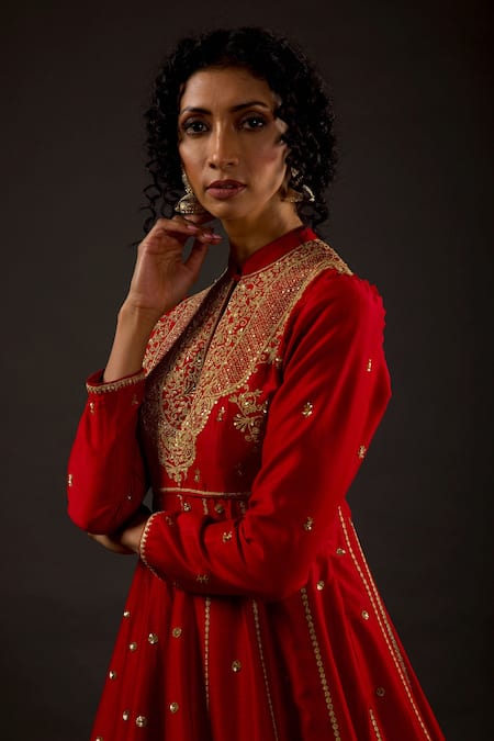 Shop_Rohit Bal_Red Cotton, Chanderi Silk Zari Mandarin Collar Embroidered Anarkali Set _Online_at_Aza_Fashions