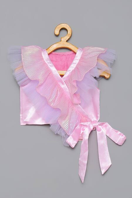 Tutus By Tutu_Pink Crepe Satin Embellishment Ruffles And Tassels Holographic Top & Skirt Set_Online_at_Aza_Fashions
