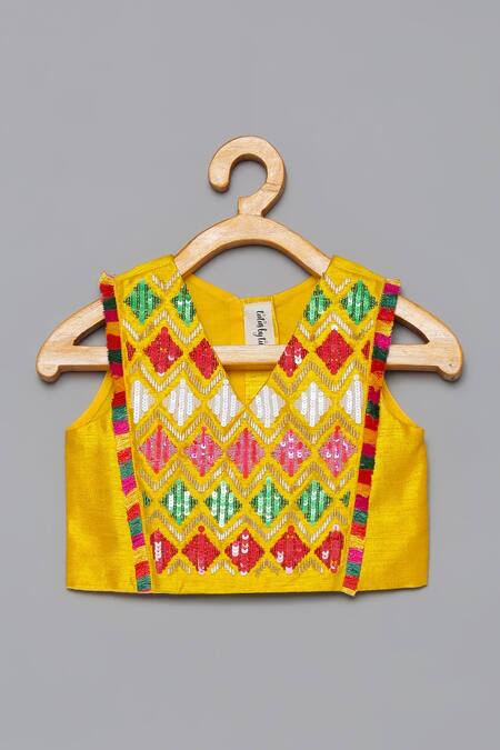 Tutus By Tutu_Yellow Silk, Satin, Tulle, Cotton Fringe, Sequins, Tribal Work Lehenga Set_Online_at_Aza_Fashions