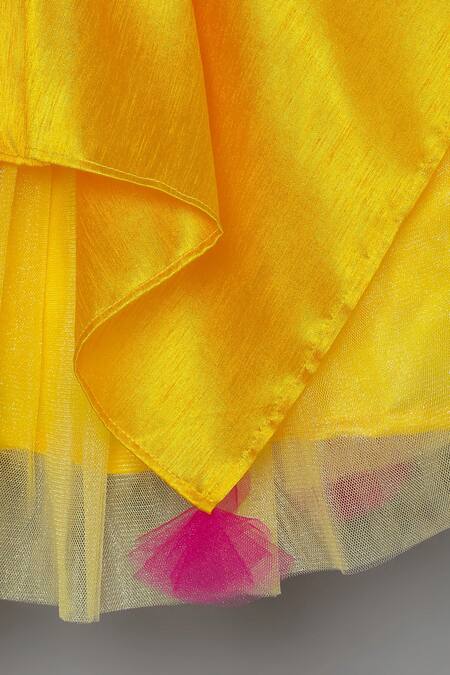 Shop_Tutus By Tutu_Yellow Silk, Satin, Tulle, Cotton Fringe, Sequins, Tribal Work Lehenga Set_Online_at_Aza_Fashions