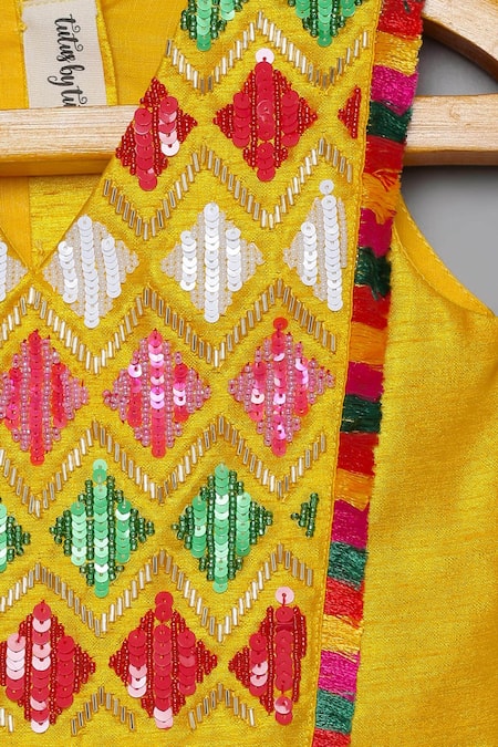 Tutus By Tutu_Yellow Silk, Satin, Tulle, Cotton Fringe, Sequins, Tribal Work Lehenga Set_at_Aza_Fashions