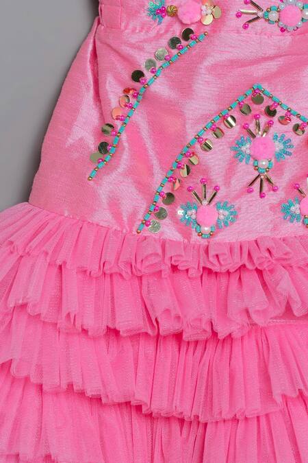 Tutus By Tutu_Pink Silk, Tulle, Cotton Beads, Sequins Embroidered Fish Cut Lehenga Set_at_Aza_Fashions