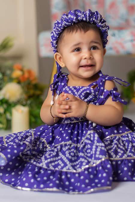 Lil Angels_Purple Muslin, Cotton Gota Patti Bandhej Print Dress _Online_at_Aza_Fashions