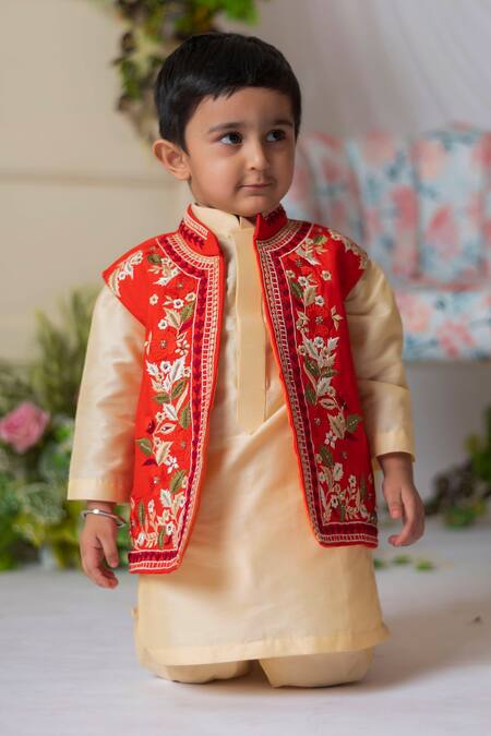 Shop_Lil Angels_Red Satin, Cotton Embroidery Floral Bundi And Kurta Set_Online_at_Aza_Fashions