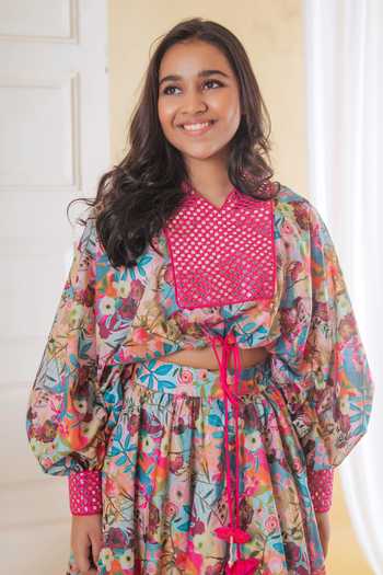 Lil Angels_Multi Color Muslin, Cotton Embroidery Floral Print Lehenga And Blouse Set _Online_at_Aza_Fashions