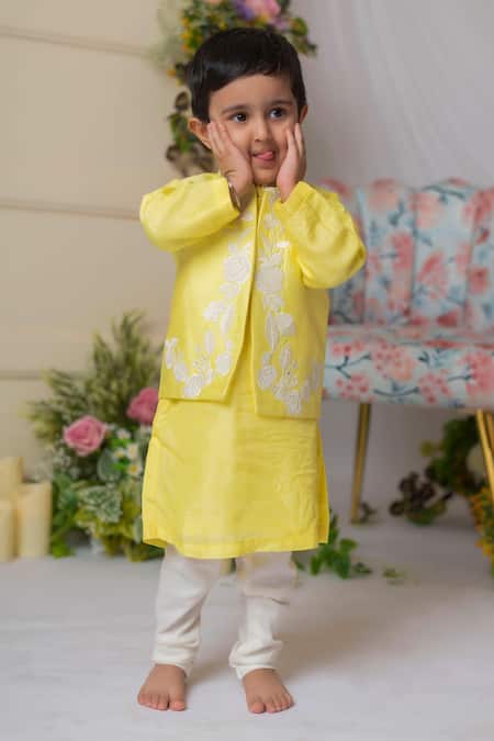 Buy_Lil Angels_Yellow Cotton, Silk, Satin Embroidery Floral Kurta Set _Online_at_Aza_Fashions