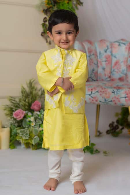 Shop_Lil Angels_Yellow Cotton, Silk, Satin Embroidery Floral Kurta Set _Online_at_Aza_Fashions