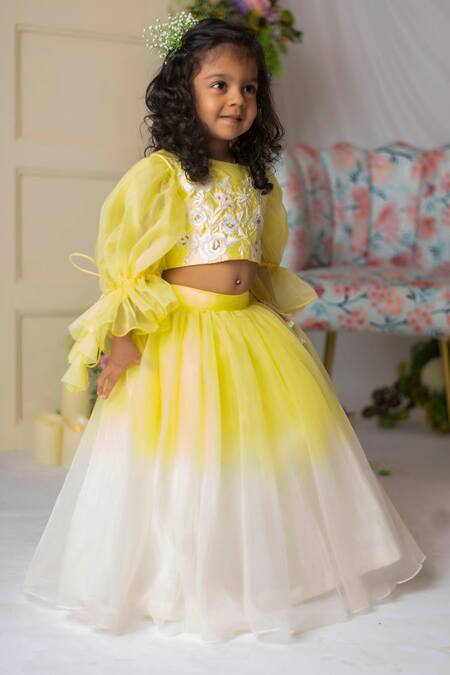 Lil Angels_Yellow Organza, Denim, Cotton, Satin Embroidery Ombre Lehenga And Blouse Set _Online_at_Aza_Fashions