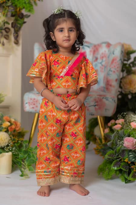 Lil Angels Orange Muslin, Cotton Gota Patti, Sequins Patola Print Top And Pant Set