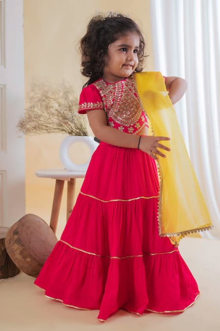 Lil Angels_Fuchsia Organza, Silk, Cotton Gota Patti, Sequins Tiered Lehenga Set _Online_at_Aza_Fashions