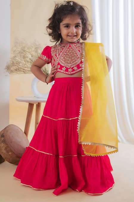 Buy_Lil Angels_Fuchsia Organza, Silk, Cotton Gota Patti, Sequins Tiered Lehenga Set _Online_at_Aza_Fashions