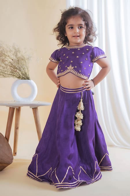 Lil Angels_Purple Silk, Cotton Embroidery, Cut Work Lehenga Set _Online_at_Aza_Fashions