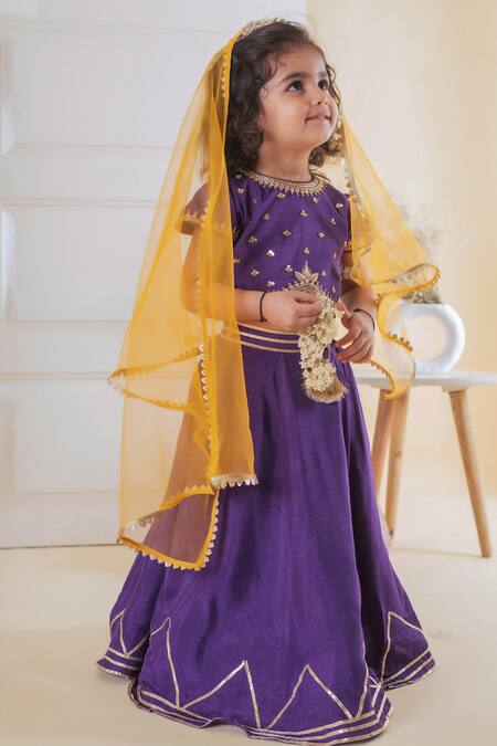 Buy_Lil Angels_Purple Silk, Cotton Embroidery, Cut Work Lehenga Set _Online_at_Aza_Fashions