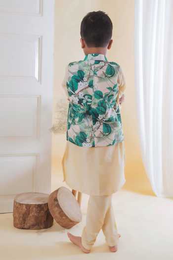 Shop Lil Angels Cream Cotton, Silk, Kota Doria Leaf Printed Bundi And Kurta Set at Aza Fashions Shop_Lil Angels_Cream Cotton, Silk, Kota Doria Leaf Printed Bundi And Kurta Set _at_Aza_Fashions