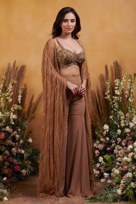 K&A By Karishma and Ashita Brown Double Georgette Hand Embroidered Dori Plunge Fiona Sharara Set With Cape 